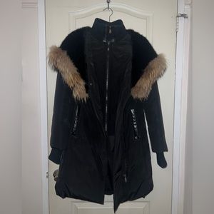 Winter jacket with fur hood and faux fur interior hood